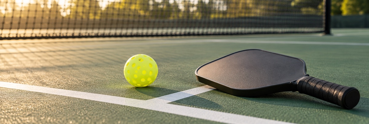 A lime pickleball and graphite paddle on a sunlit outdoor court